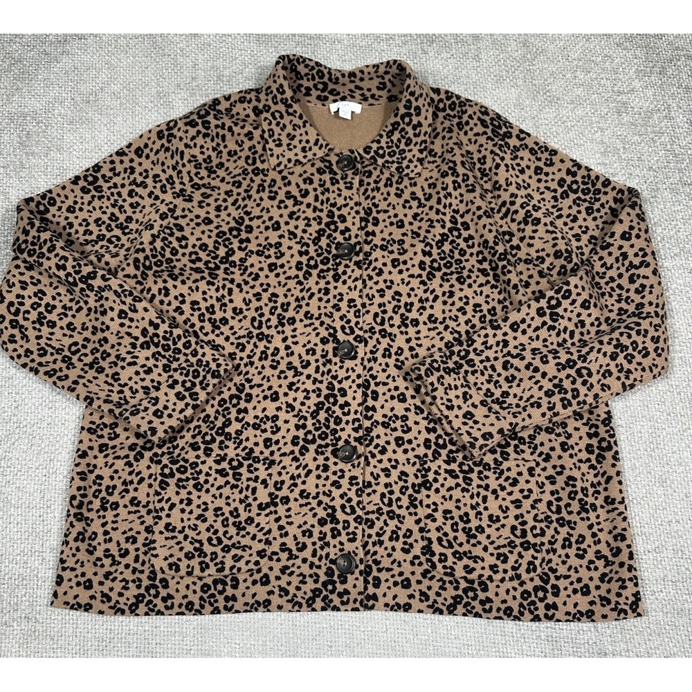 J.Jill Double-Knit Sweater Jacket Womens XL Petite Leopard Print Cardigan